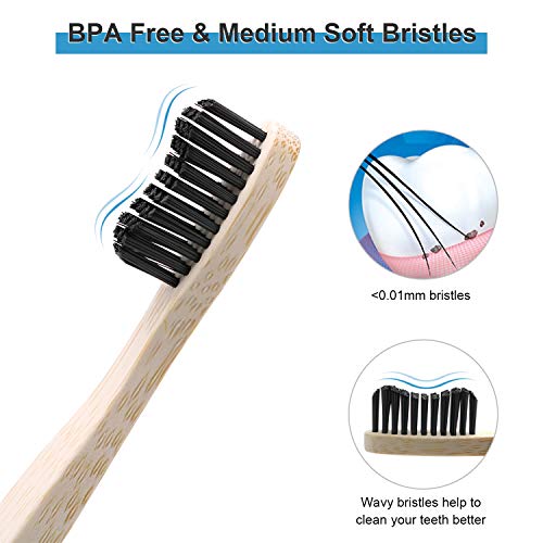 DTNO.I Cepillos de Dientes de Bambú, Paquete de 10 Cepillo Dientes Orgánicos Ecológicos Sin BPA y Veganos, Medio Suave Cepillo de Dientes Biodegradable Natural con Embalaje Reciclable para Adultos