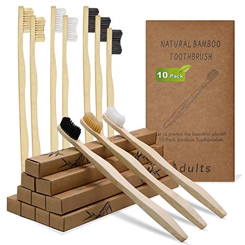 DTNO.I Cepillos de Dientes de Bambú, Paquete de 10 Cepillo Dientes Orgánicos Ecológicos Sin BPA y Veganos, Medio Suave Cepillo de Dientes Biodegradable Natural con Embalaje Reciclable para Adultos