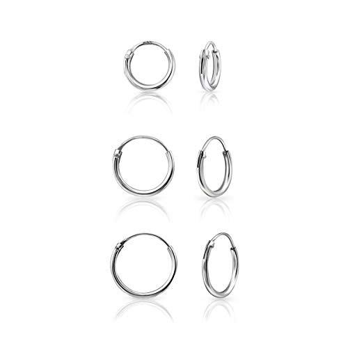 DTPsilver - Pendientes para mujer, pequeño aro de plata fina 925, juego de 3 pares, grosor de 1,2 mm, diámetro de 12 mm