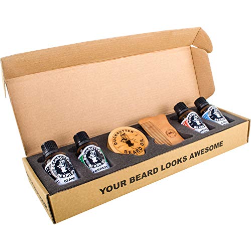 DUCKBUTTER Aceite Para Barba de Duck Butter - Paquete Beardsman - 4 Aromas con Juego de Cepillo y Peine para Regalo | Beardsman Pack