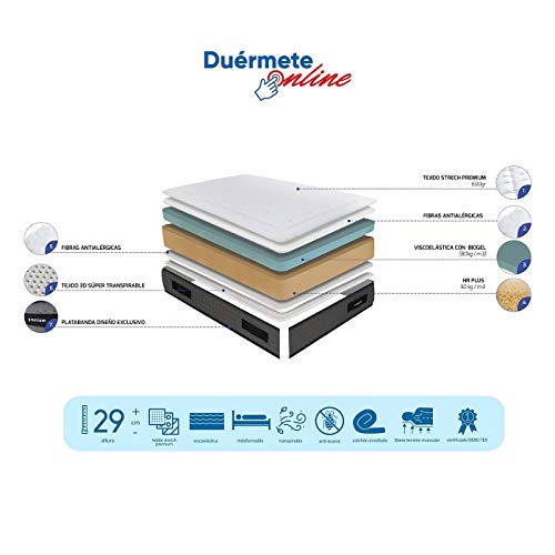 Duérmete Online Pack Ahorro Cama Completa con Colchón Viscoelástico Visco Premium Biogel + Somier Lama Ancha + Patas Roscadas, 105x190