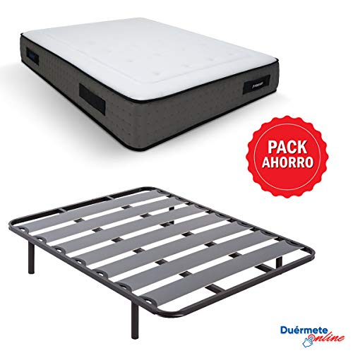 Duérmete Online Pack Ahorro Cama Completa con Colchón Viscoelástico Visco Premium Biogel + Somier Lama Ancha + Patas Roscadas, 105x190