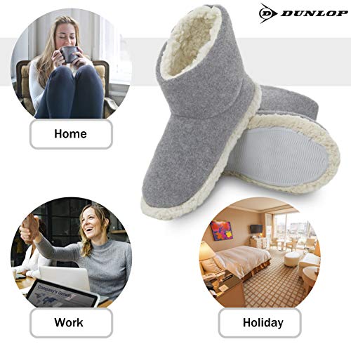 Dunlop Zapatillas Casa Mujer | Zapatillas Calienta Pies Invierno Cerradas | Pantuflas de Casa Regalo para Mujer | Botas Altas Forradas de Borreguito Suela de Goma Dura (37 EU, Gris)