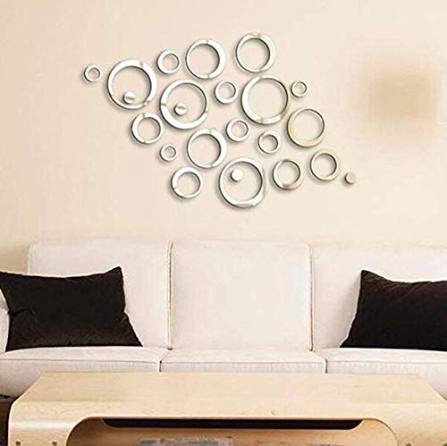 Dusenly - Pegatinas 3D de cristal para pared, acrílico, espejo, círculo, decoración de pared, dormitorio, salón, 24 unidades, color plateado
