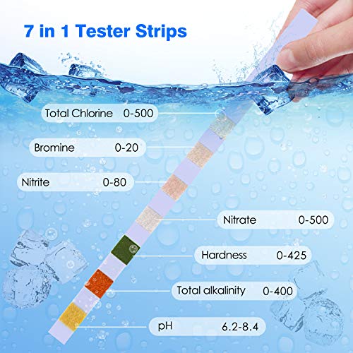 Dustgo Tiras de Prueba de Piscina- Medidor ph 7 en 1 con 100 PCS para Pruebas cualitativas y Semi-cualitativas de la Calidad del Agua, como PH,Cloro Residual para Piscinas, spas, estanques