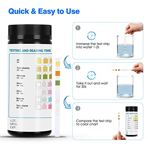 Dustgo Tiras de Prueba de Piscina- Medidor ph 7 en 1 con 100 PCS para Pruebas cualitativas y Semi-cualitativas de la Calidad del Agua, como PH,Cloro Residual para Piscinas, spas, estanques