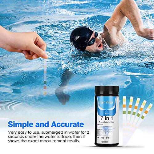Dustgo Tiras de Prueba de Piscina- Medidor ph 7 en 1 con 100 PCS para Pruebas cualitativas y Semi-cualitativas de la Calidad del Agua, como PH,Cloro Residual para Piscinas, spas, estanques