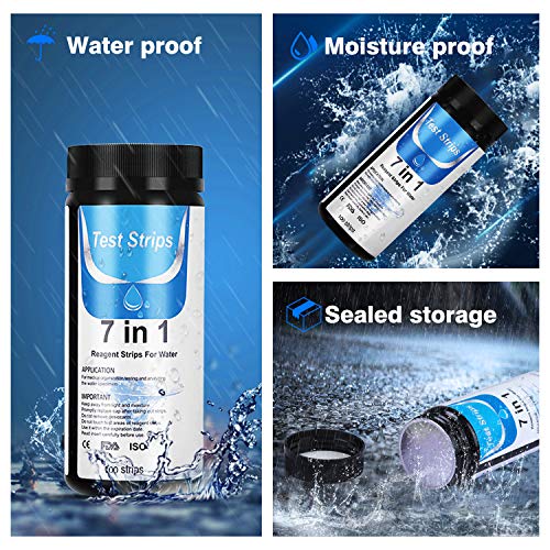 Dustgo Tiras de Prueba de Piscina- Medidor ph 7 en 1 con 100 PCS para Pruebas cualitativas y Semi-cualitativas de la Calidad del Agua, como PH,Cloro Residual para Piscinas, spas, estanques