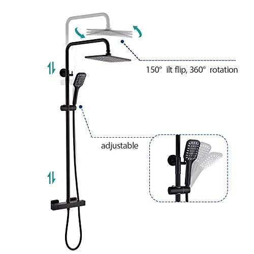 DUTRIX Set de Ducha Termostatica Negro, Columna de Ducha Termostático con Rociador Ducha Lluvia 26x20cm, Alcachofa de Ducha