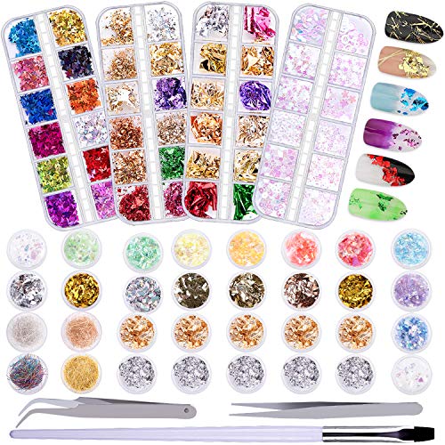 Duufin 80 Tipos de Nail Art Foil Glitter para Uñas con Pinceles para Uñas y Pieza Pinza para Decoración de Arte de Uñas