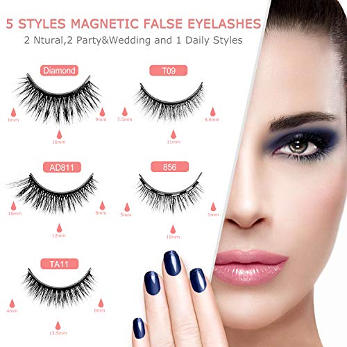 Dyroe Pestañas Magneticas 5 Pares Kit de Pestañas Postizas Magnético Delineador de Ojos 3D Impermeables Naturales Reutilizable de Larga Duración no Pegamento Pestañas Falsas Lashes con 5 Imanes