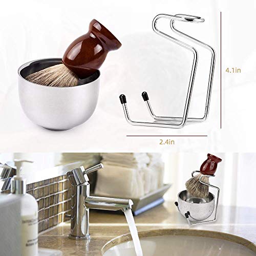 E-More Juego de brochas de afeitar, kit de afeitar 3 en 1 para hombres: brocha de afeitar para el cabello con mango de madera, tazón de jabón de acero inoxidable y soporte para afeitar