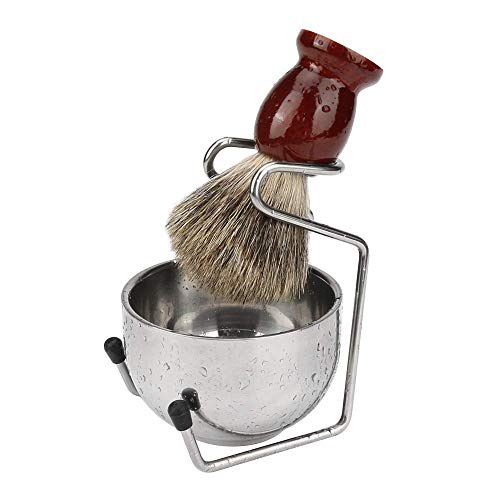 E-More Juego de brochas de afeitar, kit de afeitar 3 en 1 para hombres: brocha de afeitar para el cabello con mango de madera, tazón de jabón de acero inoxidable y soporte para afeitar