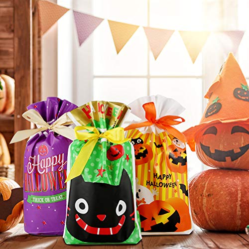 EasyAcc 60 Piezas Bolsa de Dulces Halloween con Cordón, Bolsas de regalo de calabaza divertidas para fiesta de Halloween, Bolsa de regalo de galletas de chocolate para niños