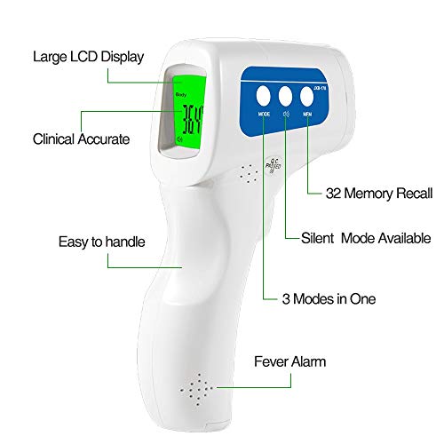 Easy@Home 3 en 1 termómetro de frente infrarrojo sin contacto, pantalla digital retroiluminada de tres colores Temperatura de lectura instantánea de bebés, marca compartida