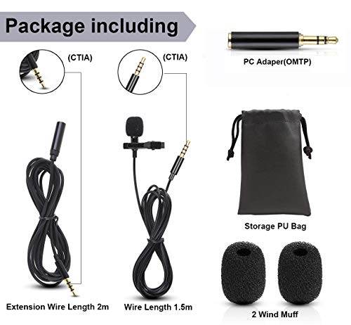 EasyULT 3.5mm Micrófono Solapa Omnidireccional Condensador Lavalier, con Adaptadore y Cable de Extensión, para Movil, Grabación Entrevista/Videoconferencia/Podcast