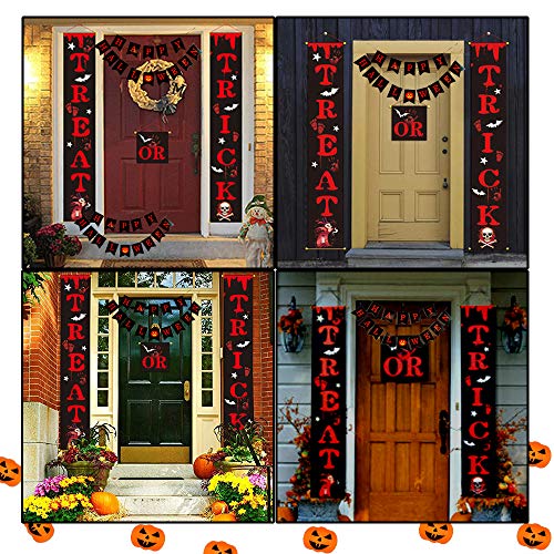 EBANKU 4pcs Decoraciones Colgantes de Banner de Puerta de Halloween Truco O Trato Cartel de Porche Cortina Puerta Principal Inicio Decoración de Fiesta Al Aire Libre Suministros