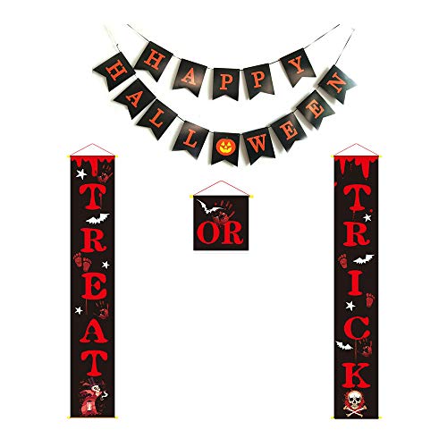 EBANKU 4pcs Decoraciones Colgantes de Banner de Puerta de Halloween Truco O Trato Cartel de Porche Cortina Puerta Principal Inicio Decoración de Fiesta Al Aire Libre Suministros