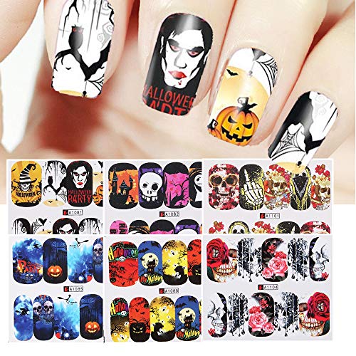 EBANKU 50 HojasPegatinas para Uñas Kit Halloween Pegatinas Transferencia Agua Uñas Calcomanías Etiquetas Engomadas Uñas Nail Art Stickers para Manicura Diseño DIY de Uñas