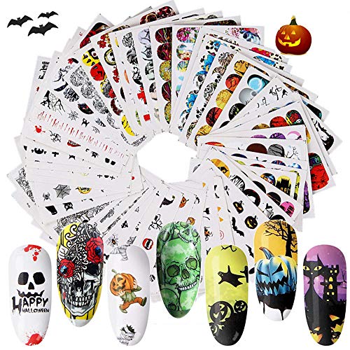 EBANKU 50 HojasPegatinas para Uñas Kit Halloween Pegatinas Transferencia Agua Uñas Calcomanías Etiquetas Engomadas Uñas Nail Art Stickers para Manicura Diseño DIY de Uñas