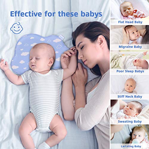 Eccomum Plagiocefalia Almohada para Bebe, Espuma Viscoelástica, Anti-asfixia, Suave, Transpirable, Diseño en Forma de Nube, Azul Claro, 0-12 Meses