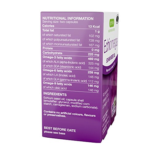Echiomega vegetariana y vegana omega-3-6-9 cápsulas, aceite de semilla de echium a base de plantas omega-3, 60 cápsulas