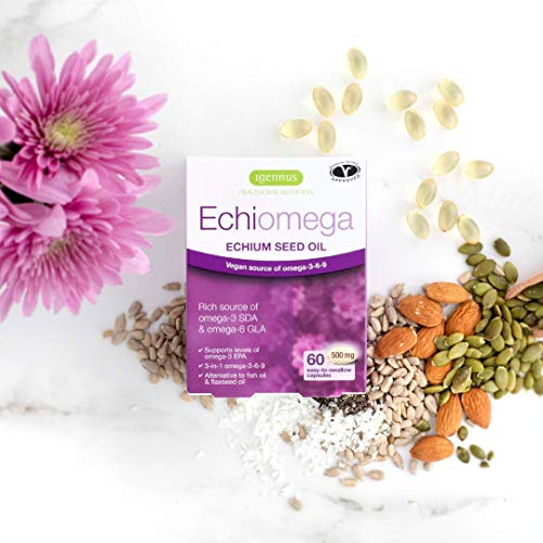 Echiomega vegetariana y vegana omega-3-6-9 cápsulas, aceite de semilla de echium a base de plantas omega-3, 60 cápsulas