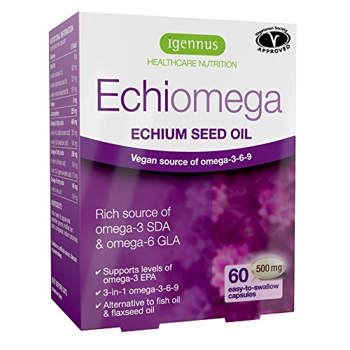 Echiomega vegetariana y vegana omega-3-6-9 cápsulas, aceite de semilla de echium a base de plantas omega-3, 60 cápsulas