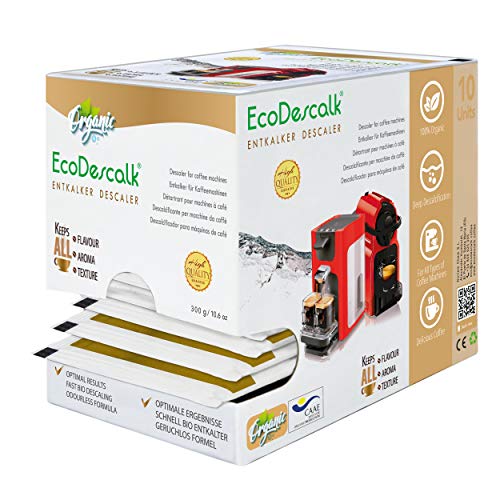 EcoDescalk Ecológico en Polvo, 10 Sobres. Descalcificador 100% Natural. Limpiador para Cafeteras. Todas Las Marcas. 10 Descalcificaciones. Producto CE.