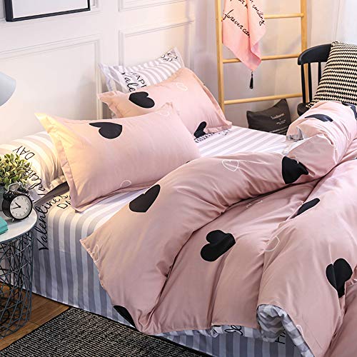 ED-Lumos Juego de Ropa de Cama ４Piezas para Cama 90cm Poliéster Funda nórdica 150x200cm Sábana encimera 200x230cm Funda de Almohada 48x74cm Poliéster Color melocotón con Corazón Negro