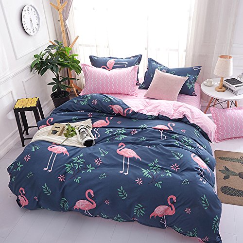 ED-Lumos Juego de Ropa de Cama ４Piezas Poliéster para Cama 90cm Funda nórdica150x200cm Sábana encimera 200x230cm Funda de Almohada 48x74cm Poliéster Modelo Flamenco Color Azul Oscuro
