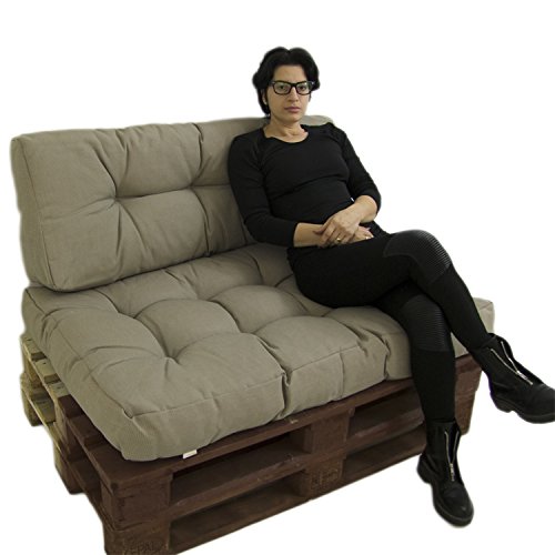Edenjardi Cojines para palets | Cojín de Asiento 80x120x16 cm + Cojín Respaldo 42x120x16 cm | Lux Color Cappuccino | Repelente al Agua | Portes Gratis