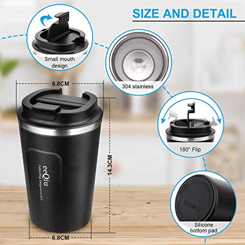 eeQiu Taza de café para Llevar 13oz 100% a Prueba de Fugas - Taza de Viaje de Acero Inoxidable - Taza de automóvil de Doble Pared Tapa de Aislamiento Taza de café Reutilizable ecológica (Negro)