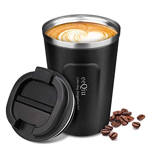 eeQiu Taza de café para Llevar 13oz 100% a Prueba de Fugas - Taza de Viaje de Acero Inoxidable - Taza de automóvil de Doble Pared Tapa de Aislamiento Taza de café Reutilizable ecológica (Negro)