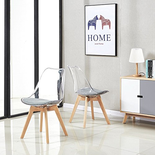 EGGREE Pace de 4 Silla Transparente Policarbonato Sillas Comedor Modernas Sillas Escandinava Acolchada, Pata Madera de Haya