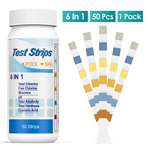 Ehomfy Tiras de Prueba de pH, 6 en 1 Papel de Prueba Multifuncional para Pruebas de pH de Cloro Residual, alcalinidad, dureza, ácido cianúrico, para Piscina, SPA, bañera de hidromasaje (50 Piezas)