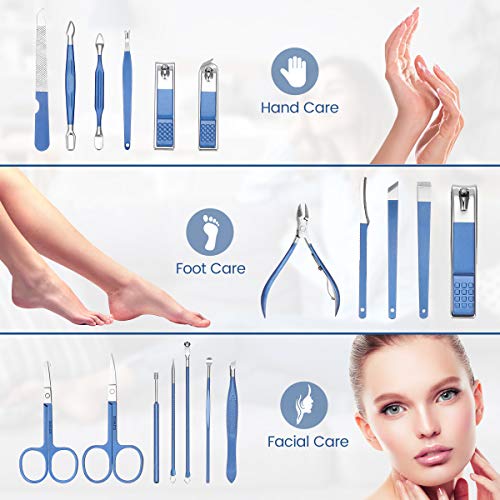 EIVOTOR Profesional Set de Manicura Pedicura, Set Manicura, Set de Manicura y Pedicura, Set de19 in 1 Cortaúñas de Acero Inoxidable, con Bonita Caja azul