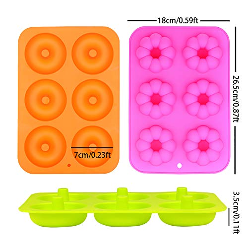 EKKONG Moldes de Silicona Donut,Resistente al Calor a 260 °C,Adecuado para Pasteles,Galletas,Bagels, Muffins-Naranja,Rosa Roja,Verde,6 cavidades,Paquete de 3