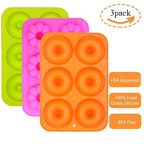 EKKONG Moldes de Silicona Donut,Resistente al Calor a 260 °C,Adecuado para Pasteles,Galletas,Bagels, Muffins-Naranja,Rosa Roja,Verde,6 cavidades,Paquete de 3