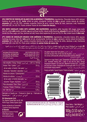 El Almendro - Cubits de Almendra, Chocolate Blanco y Frambuesa - 4x25 gr - Sin Gluten - Sin Aceite de Palma - Sin Aromas Artificiales