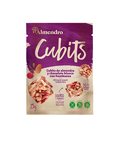 El Almendro - Cubits de Almendra, Chocolate Blanco y Frambuesa - 4x25 gr - Sin Gluten - Sin Aceite de Palma - Sin Aromas Artificiales