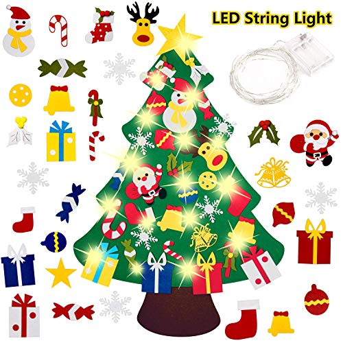 El árbol de Navidad del Fieltro de los 3.3FT DIY fijó + los Ornamentos Desmontables 30pcs, Regalos Colgantes de Navidad de la Pared para Las Decoraciones de la Navidad（Con cadena de luz LED）