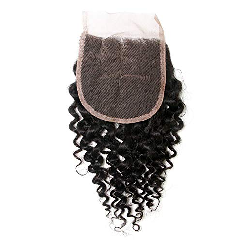 El Cierre De Encaje Parte Rizado Brasileño De La Virgen Rizada Del Pelo Humano 4"X 4" Cierre Superior Con El Pelo Del Bebé Negro Natural (16Inch),Negro