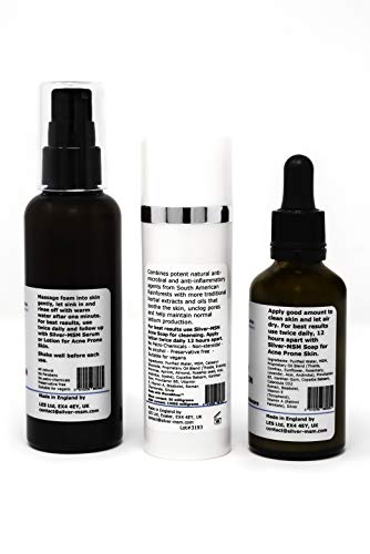 El kit para el cuidado de Plata-MSM Acné incluye jabón de 100 ml + suero de 50 ml + loción de 50 ml