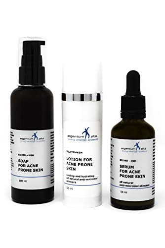 El kit para el cuidado de Plata-MSM Acné incluye jabón de 100 ml + suero de 50 ml + loción de 50 ml