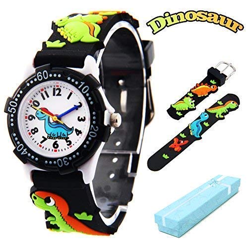 El Reloj de Niños de Vinmori, Reloj de Cuarzo con Dibujos Animados Bonitos de 3D a Prueba de Agua Regalo para Chicos Niños y Niñas A-Dinosaurio Negro