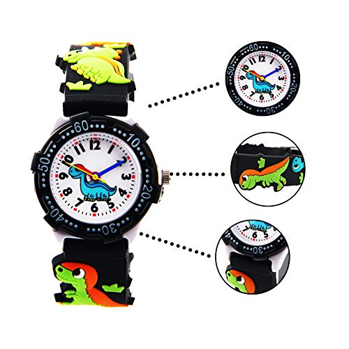 El Reloj de Niños de Vinmori, Reloj de Cuarzo con Dibujos Animados Bonitos de 3D a Prueba de Agua Regalo para Chicos Niños y Niñas A-Dinosaurio Negro