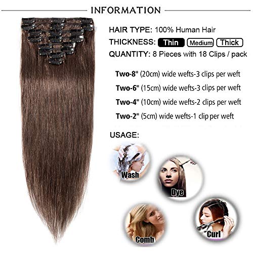 Elailite Extensiones de Clip de Pelo Natural Cabello Humano Remy Human Hair Mujer - 60 cm #04 Castaño Medio -[Delgada]