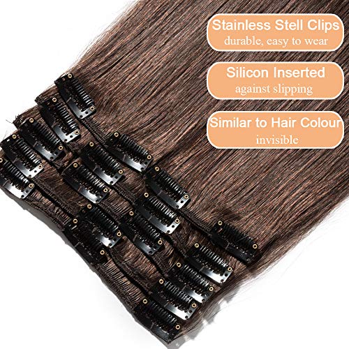 Elailite Extensiones de Clip de Pelo Natural Cabello Humano Remy Human Hair Mujer - 60 cm #04 Castaño Medio -[Delgada]