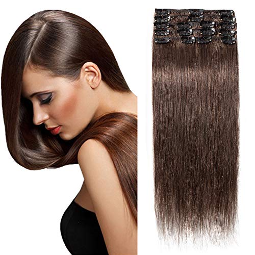 Elailite Extensiones de Clip de Pelo Natural Cabello Humano Remy Human Hair Mujer - 60 cm #04 Castaño Medio -[Delgada]